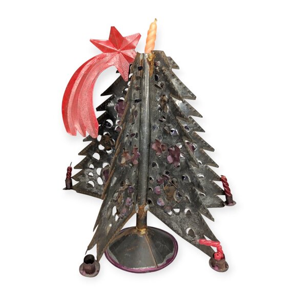 Unknown Other - Vintage Primitive Folk Art Metal Christmas Tree Candle Holder with Red Star 12"